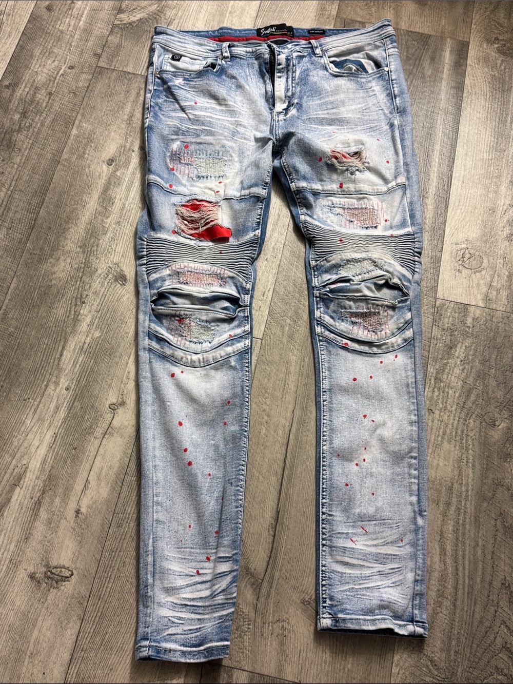 Men's Light Blue Skinny Distressed Jeans with Red Paint Detail - Picture 2 of 7